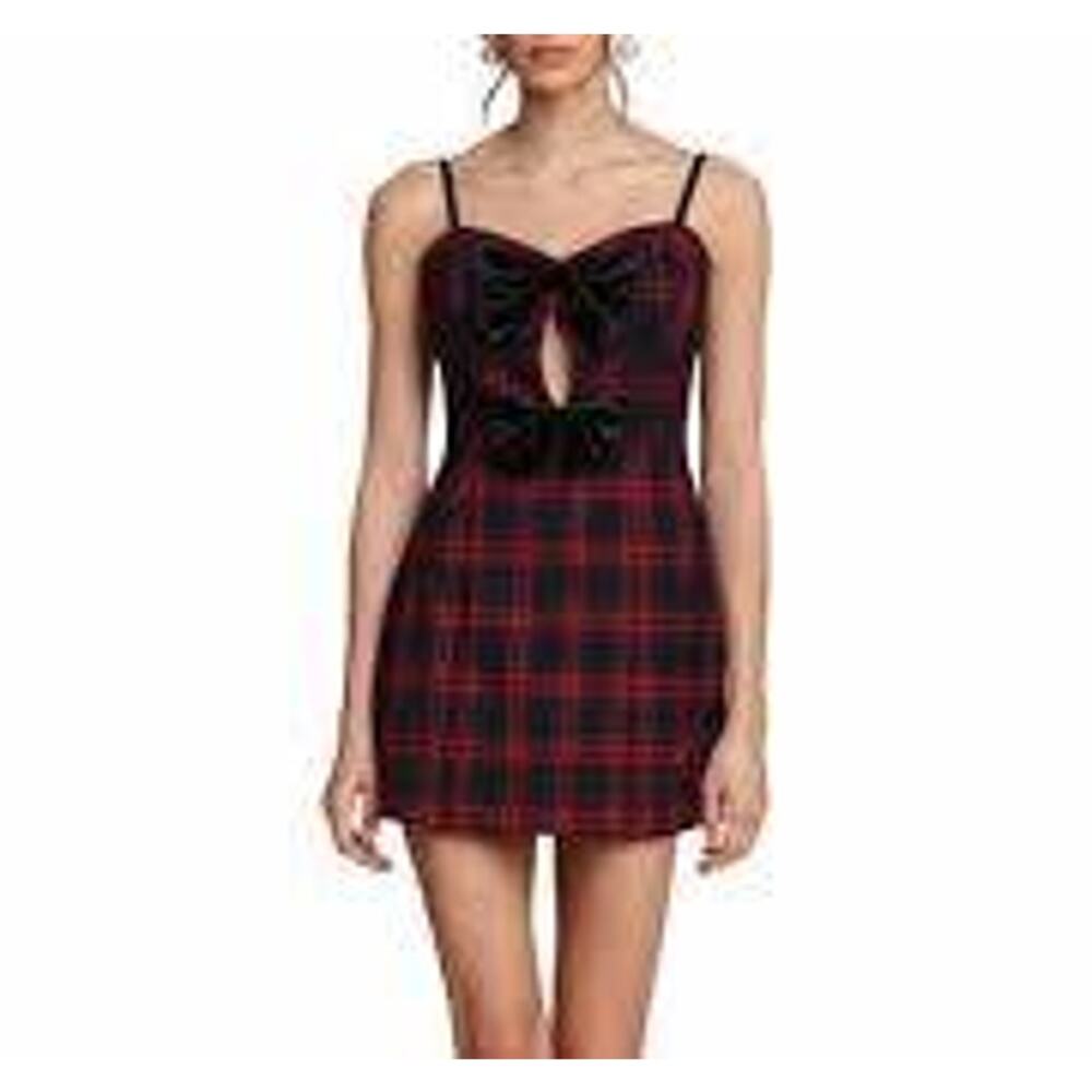 Avec Les Filles Seamed Fit & Flair Mini Dress w/ Bows Red & Black Check Sz 12